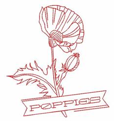 Redwork poppy flower with delicate petals and a flower bud, bold 'POPPIES' banner below, minimalist style.