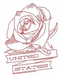 Redwork rose in a sketchy outline with intricate red details and a banner reading 'UNITED STATES'.