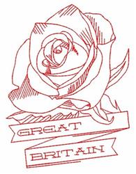 Redwork rose with intricate line details and a classic style, featuring a banner that reads 'GREAT BRITAIN.'
