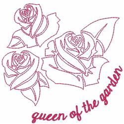 Redwork rose trio featuring three stylized roses with curling petals and leaves, paired with elegant script.