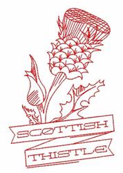Redwork Scottish thistle features detailed blossoms and leaves, with a ribbon banner below proclaiming 'SCOTTISH THISTLE.'