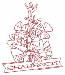 Redwork shamrock plant with simple line drawing, featuring shamrock leaves and small flowers, ideal for St. Patrick's Day.