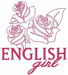 Redwork design featuring three simplistic outlined roses in red thread, with 'ENGLISH girl' text in bold and cursive.