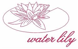 Redwork water lily in an oval shape, featuring elegant script below the flower. Simple and minimalist design.