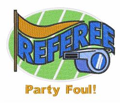 Playful referee flag and whistle on a vibrant green background, featuring bold 'REFEREE' text and 'Party Foul!' below.