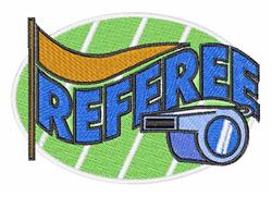 Cartoonish referee design with bold blue 'REFEREE' text, yellow flag above, and a whistle beside, set on a green background.