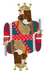 Regal king in ornate robes with a crown and sword, featuring rich reds, greens, and golds, ideal for fantasy embroidery.