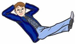 Cartoon boy lying down in a blue jacket and light blue pants, smiling cheerfully, playful and colorful design.
