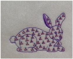 Cartoon rabbit outlined in purple, filled with a decorative pattern, in a relaxed pose with large ears and fluffy tail.