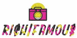 Bold text 'RICH/FAMOUS' with a colorful camera motif in pink, yellow, and black patterns, playful design.