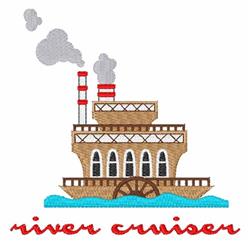 Colorful riverboat with a paddle wheel, red smokestacks, and blue waves beneath. Whimsical embroidery design.