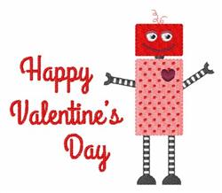 Playful robot with a square red head and pink body, featuring polka dots and 'Happy Valentine's Day' text.