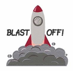 Playful rocket in gray and red soaring through clouds of smoke with bold 'BLAST OFF!' text, perfect for space-themed kids' ce