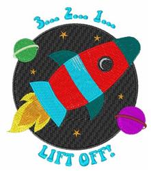 Playful rocket in vibrant red and teal colors launching among colorful green and purple planets, perfect for kids.
