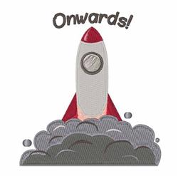 Playful rocket with silver body and red accents launching from gray cloud, featuring 'Onwards!' text.