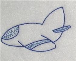 Simple line art rocket outline in blue with pointed nose, fins, and zigzag details suggesting movement.