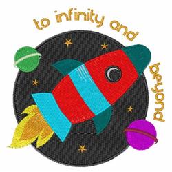 Colorful applique rocket blasting off with vibrant yellow flame, surrounded by playful green and purple planets.