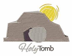 Rocky tomb structure in gray shades with a bright yellow sun rising. 'Holy Tomb' text elegantly below, perfect for Easter.