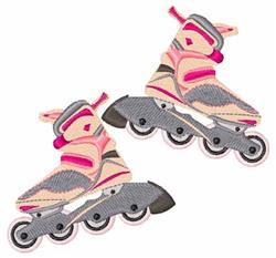 Colorful roller skates in pink and grey with detailed straps and wheels, perfect for a playful design.