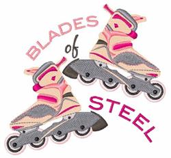 Colorful roller skates in pink and gray with bold 'BLADES OF STEEL' text, showcasing a playful design.