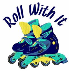 Playful roller skates in blue with yellow accents and bold 'Roll With It' text, perfect for an active lifestyle.