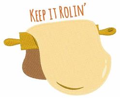 Rolling pin with warm tan dough partially rolled out, featuring playful colors and the text 'Keep it Rollin'.