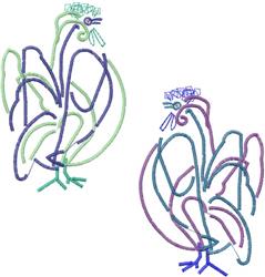 Playful roosters in light green and purple embroidered lines, featuring distinctive crests and tail details.