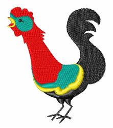 Playful cartoon rooster with a red body, turquoise head, and black tail, showcasing vibrant embroidery.