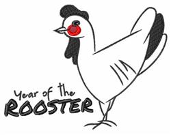 Playful rooster in white with a black comb, wings slightly open, with 'Year of the Rooster' text below.