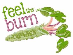 Playful root vegetable with vibrant green leaves and a light pink root, featuring 'feel the burn' in bright colors.