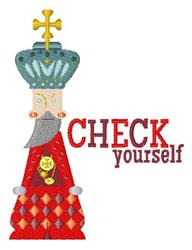 Whimsical royal figure with a crown and textured beard in vibrant reds and blues, featuring humorous 'CHECK yourself' text.