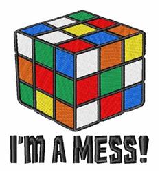Playful Rubik's Cube in colorful embroidery with vibrant squares and 'I'M A MESS!' text beneath.