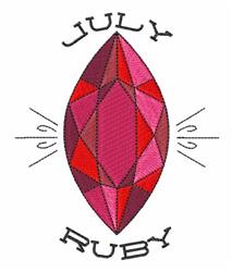 Vibrant ruby gemstone with red and pink shades, bold 'JULY' and 'RUBY' text, perfect for machine embroidery.