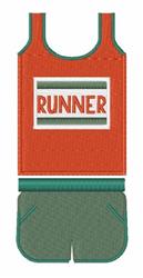 Athletic tank top in vibrant orange with 'RUNNER' text and green shorts, perfect for sports events.