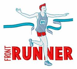 Stylized runner with red hair in tank top and shorts crosses a flowing finish line ribbon, vibrant and playful.