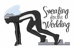 Colorful cartoon Applique runner in starting position with black figure and light blue headgear, featuring 'Sweating for the