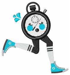 Cartoon stopwatch with legs and sneakers, featuring sweat drops and a cheerful expression, showcasing vibrant colors.