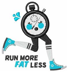 Cartoon running stopwatch with legs, vibrant colors, motivational text 'RUN MORE FAT LESS', playful style.