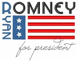 Embroidered text and flag design featuring 'RYAN' and 'ROMNEY', stars, and red stripes for election season.
