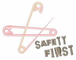 Safety pin in pale pink and beige, intertwined with a needle; playful 'SAFETY FIRST' text in brown.