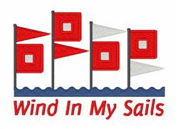 Sail flags in vibrant red and white flutter above bold blue waves, featuring playful text 'Wind In My Sails'.