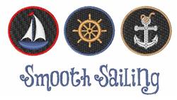 Playful sailboat design with a ship's wheel and anchor. Vibrant circular emblems on a navy background.