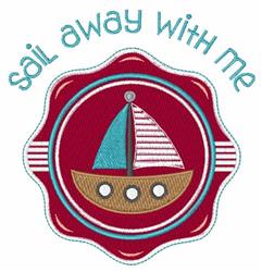 Playful sailboat with red and blue sails on a bold circular background, featuring 'sail away with me' in light blue.