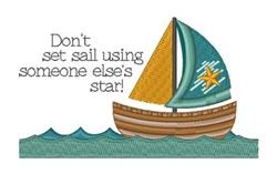 Playful sailboat with a teal sail and wooden body sailing on stylized waves with inspirational text.