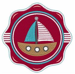 Playful sailing boat design with a brown hull, vibrant blue sails, and white details on a red background.