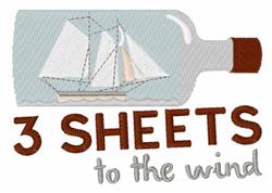 A sailing ship in a bottle featuring intricate sails, playful text '3 SHEETS to the wind', with soft blue tones.