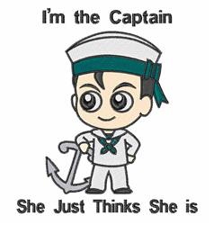 Playful cartoon sailor boy in a sailor outfit with a teal neckerchief, anchor, and humorous text.