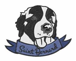 Realistic Saint Bernard dog with a black and white coat, featuring a blue ribbon underneath displaying its name.