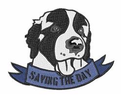Cartoonish Saint Bernard dog with black and white fur, playful expression, and tongue out, below a blue banner saying 'SAVING