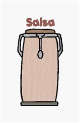 Playful salsa jar with a silver spoon, featuring bold red text on a light brown background.